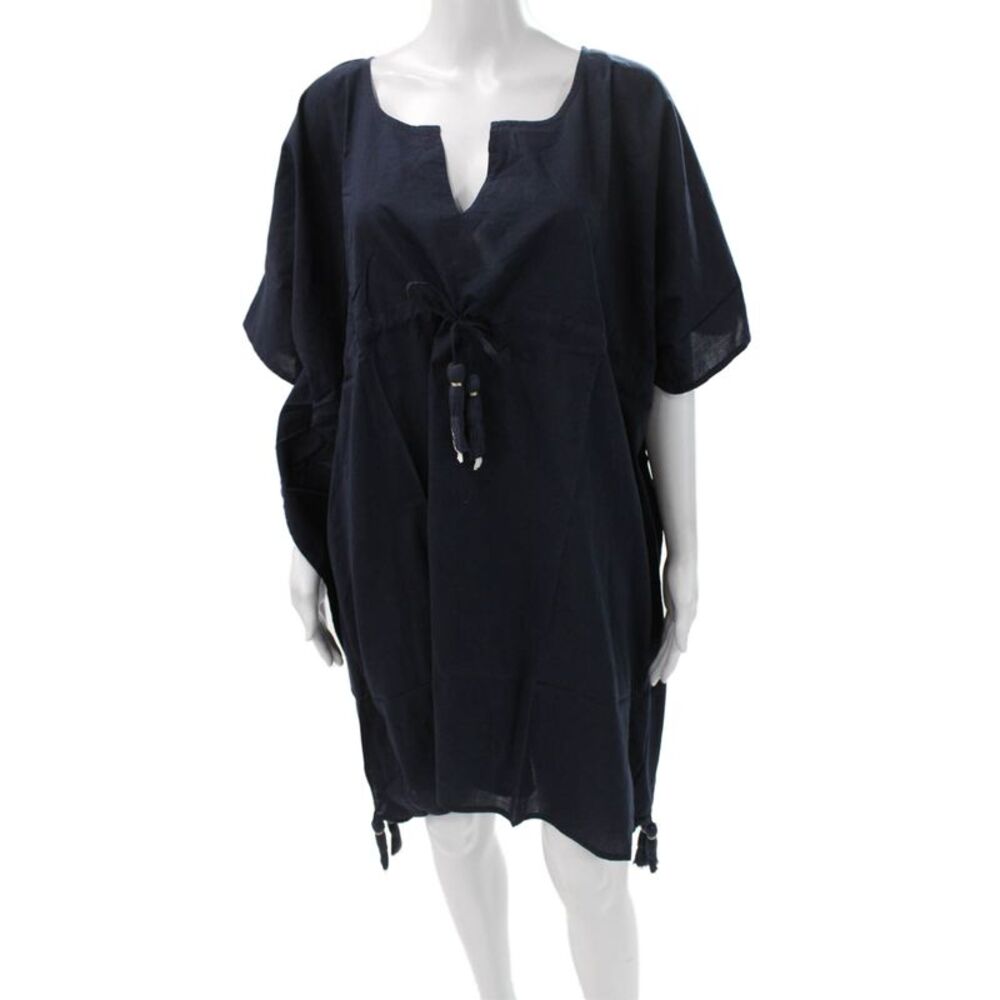 Madison Mathews Women Kaftan Dress Blue VNeck Short Sleeve Cotton Size One Size